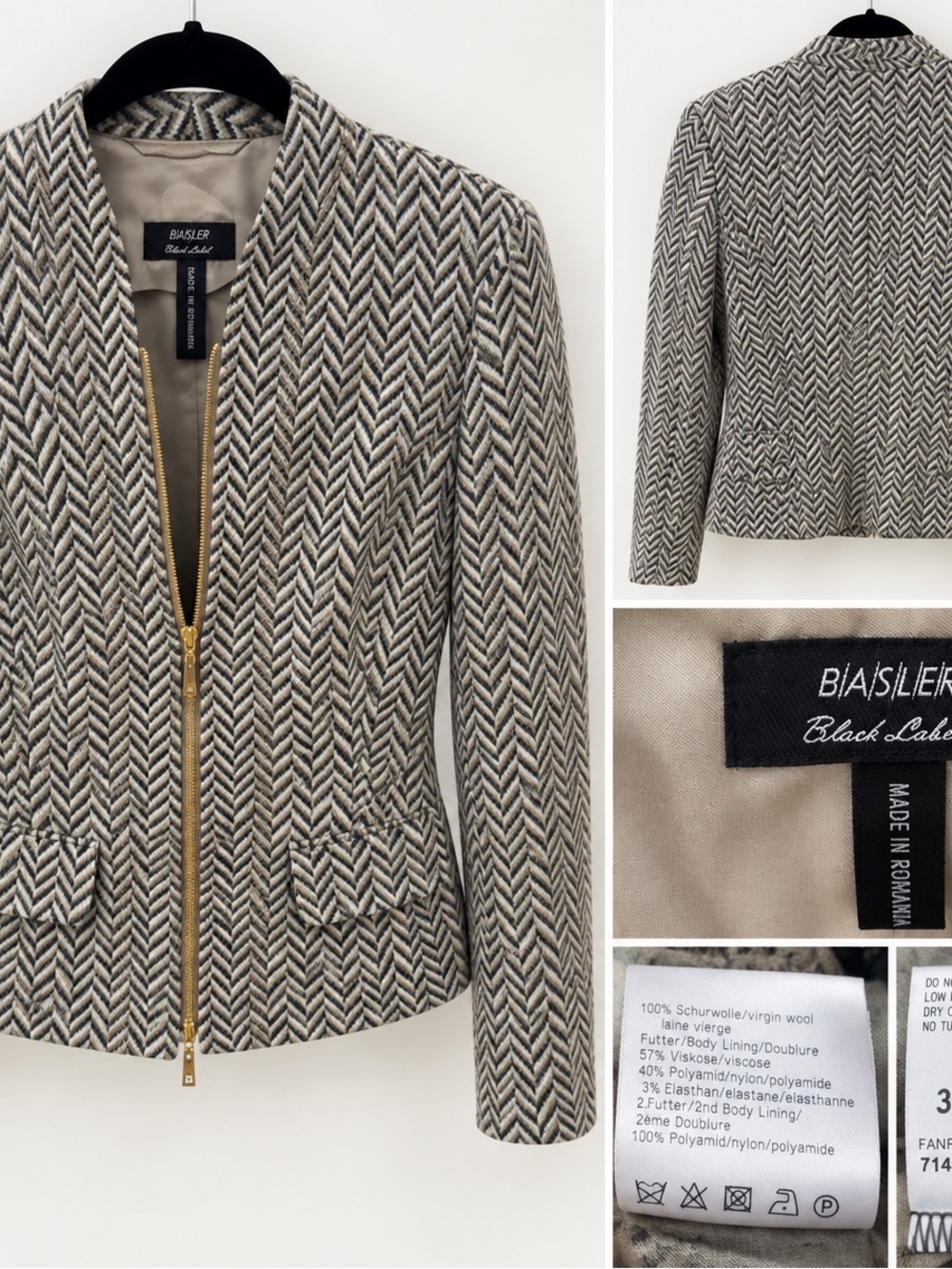 Basler Black Label 100% Virgin Wool Herringbone Blazer Jacket Size 34